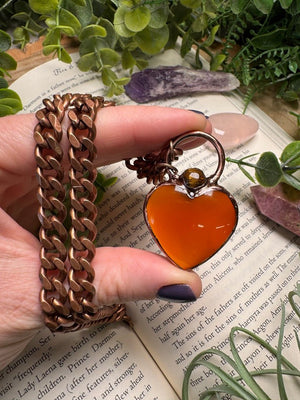 Orange Agate Heart and Tigers Eye Necklace detail view by Copper Ashes