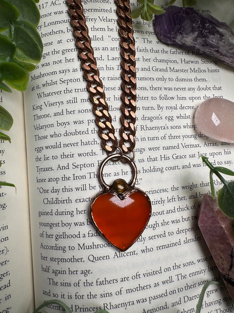 Orange Agate Heart and Tigers Eye Necklace by Copper Ashes
