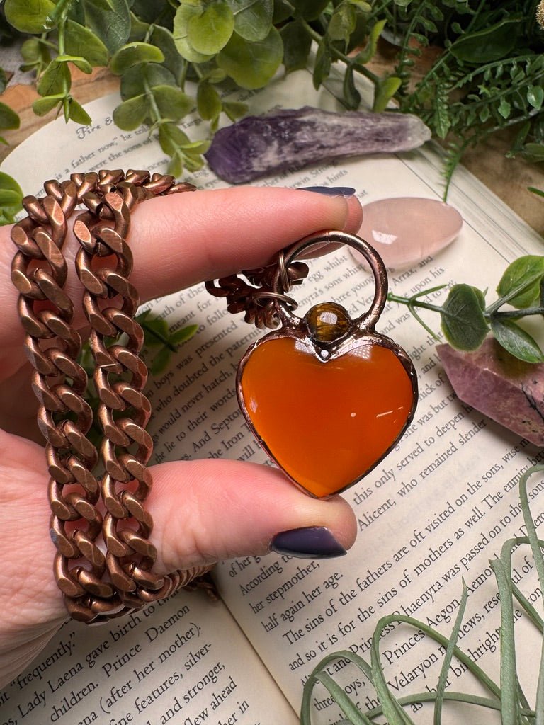 Orange Agate Heart and Tigers Eye Necklace detail view by Copper Ashes
