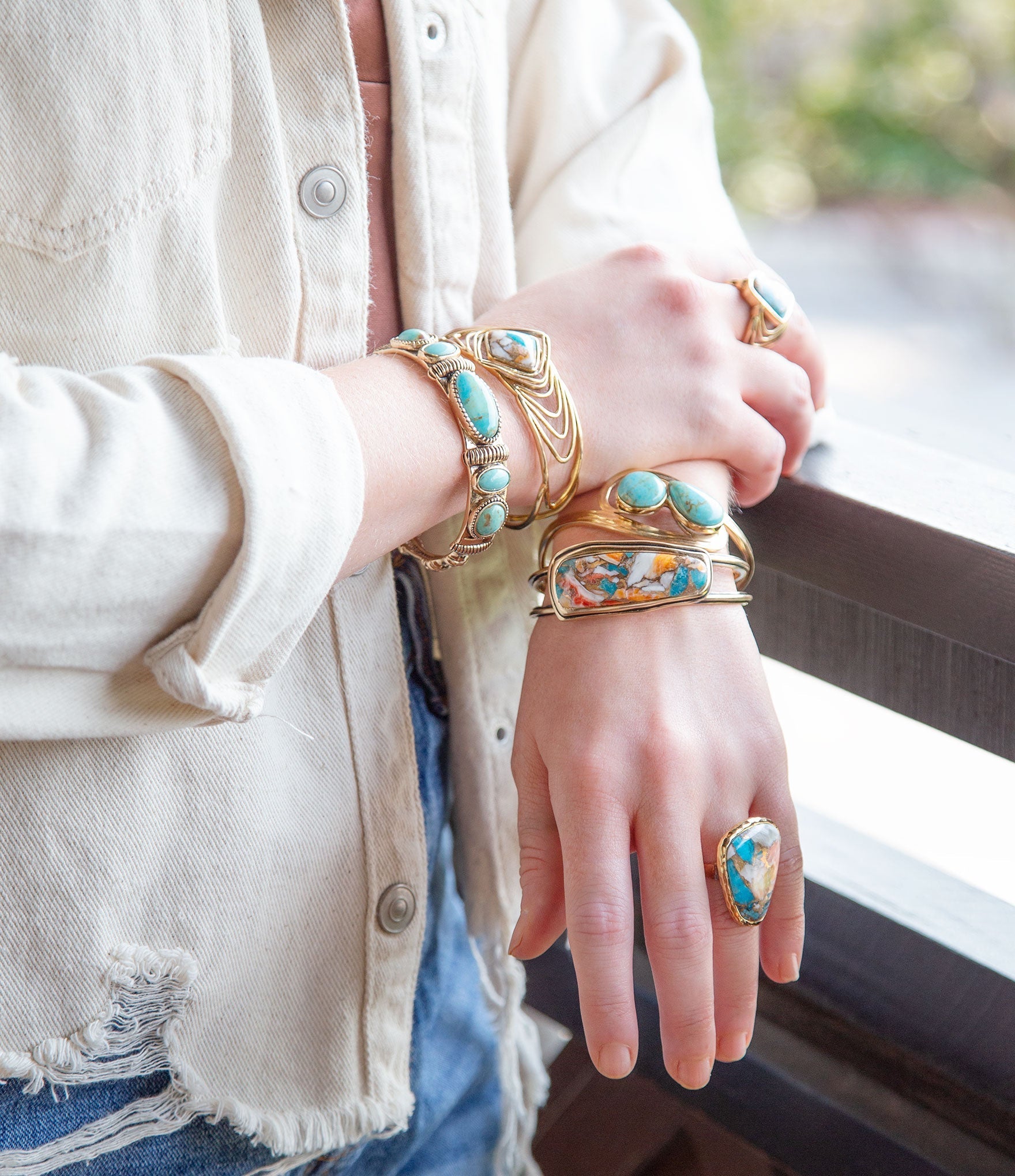 Orange Spiny Oyster and Blue Turquoise Matrix Abstract Golden Ring detail view by Barse Jewelry