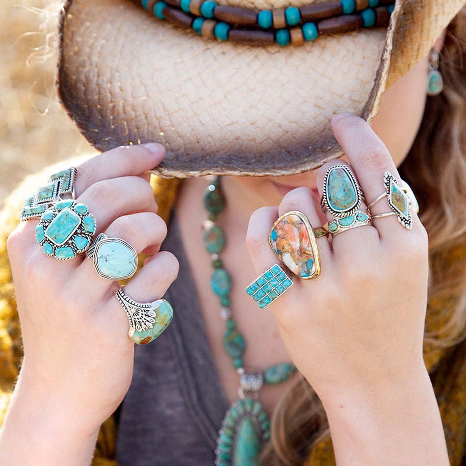 Orange Spiny Oyster and Blue Turquoise Matrix Abstract Golden Ring detail view by Barse Jewelry