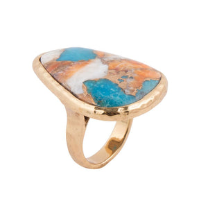 Orange Spiny Oyster and Blue Turquoise Matrix Abstract Golden Ring by Barse Jewelry