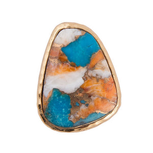 Orange Spiny Oyster and Blue Turquoise Matrix Abstract Golden Ring detail view by Barse Jewelry