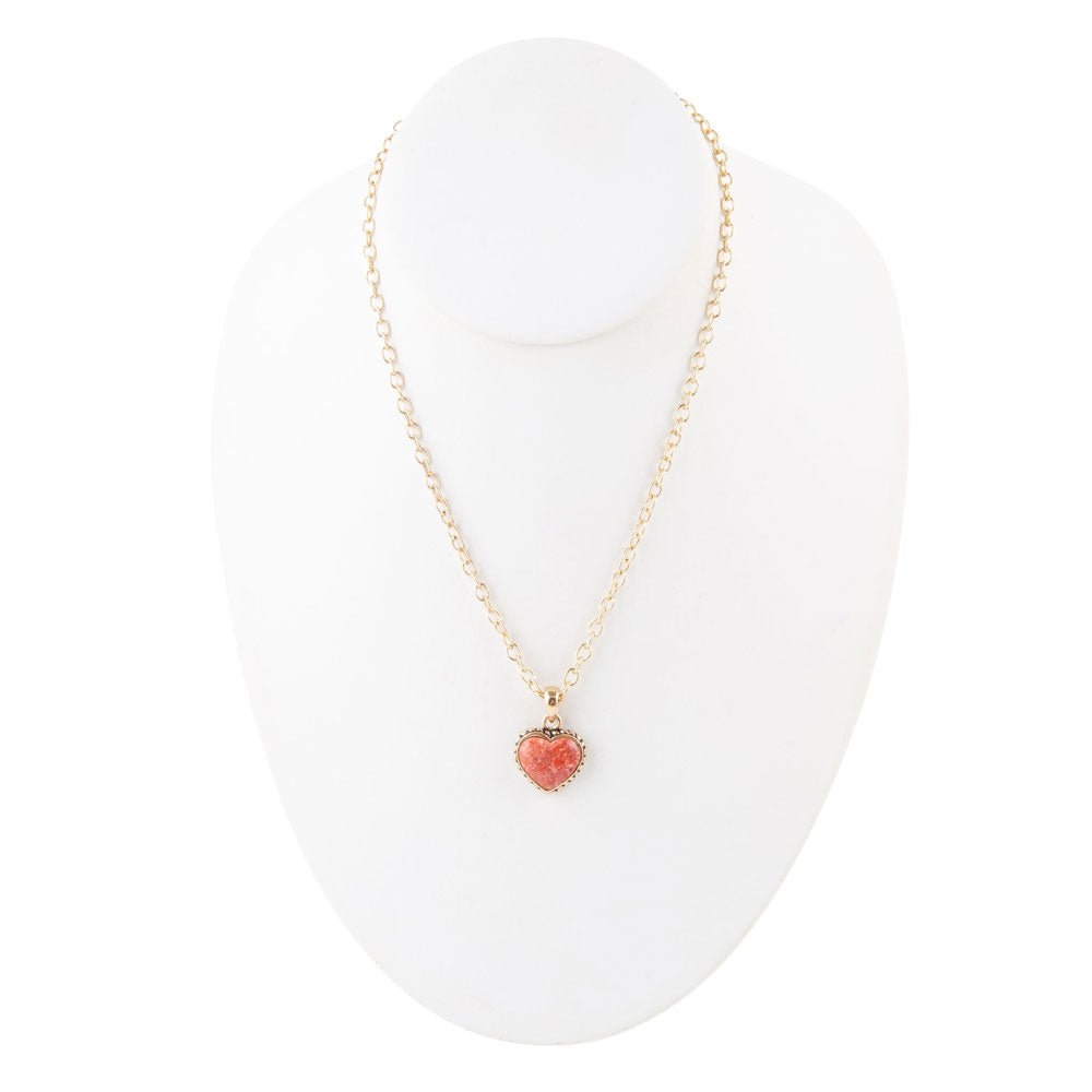 Orange Sponge Coral Heart Pendant and Golden Bronze Necklace detail view by Barse Jewelry