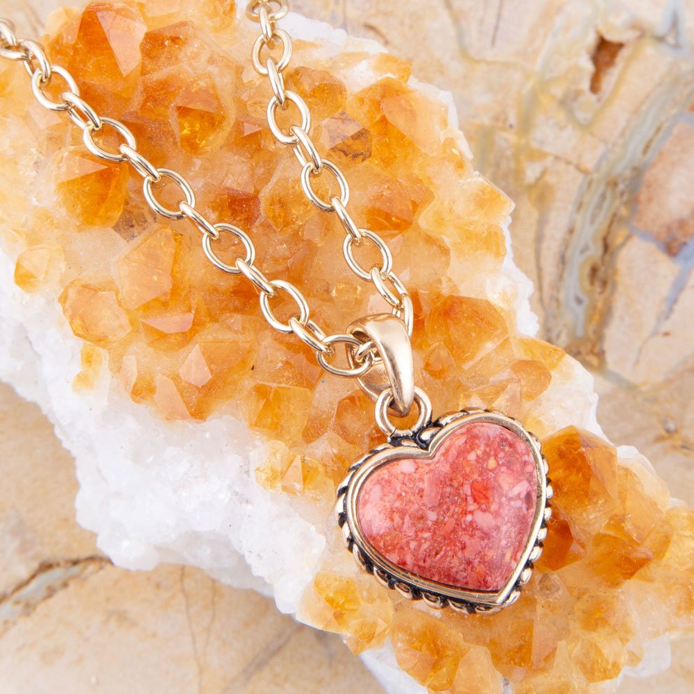 Orange Sponge Coral Heart Pendant and Golden Bronze Necklace detail view by Barse Jewelry