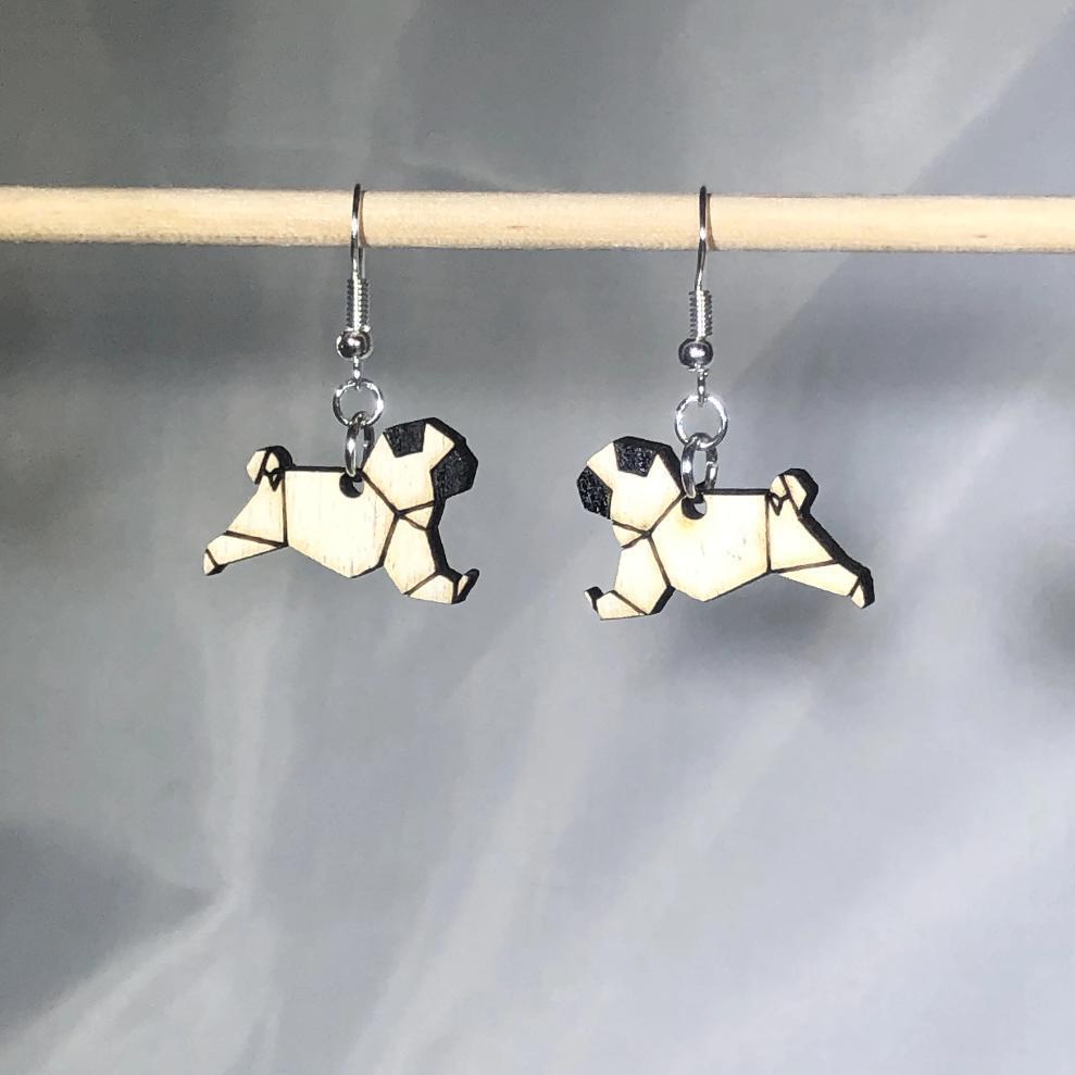 Origami Pug Wooden Dangle Earrings | Dog Lover Jewelry by Cate's Concepts, LLC, handmade jewelry detail photo 3
