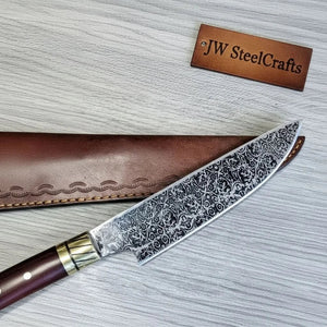 8” Acid-Etched Gyuto Chef Knife with Rosewood Handle & Brass Bolster (Full Tang) by JW SteelCrafts, Damascus knife main product photo