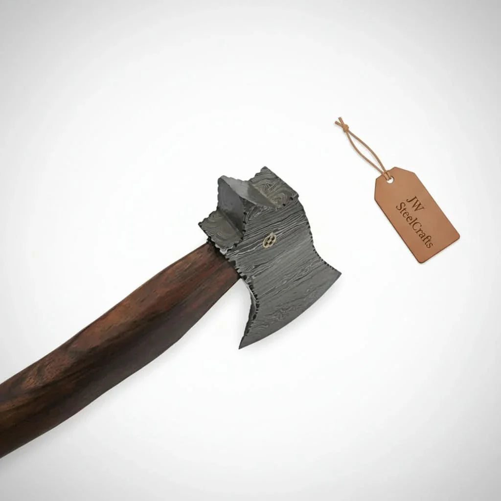 Handmade Damascus Camp Axe with Mosaic Pin and Rosewood Handle by JW SteelCrafts, Southern handmade gift detail photo 4