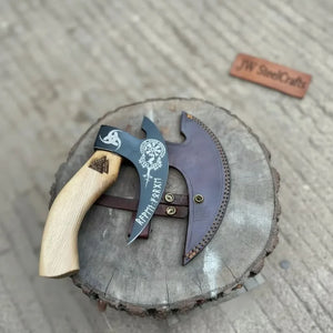 Viking Style Engraved Bearded Axe – Oak Wood Handle by JW SteelCrafts, handmade axe detail photo 5