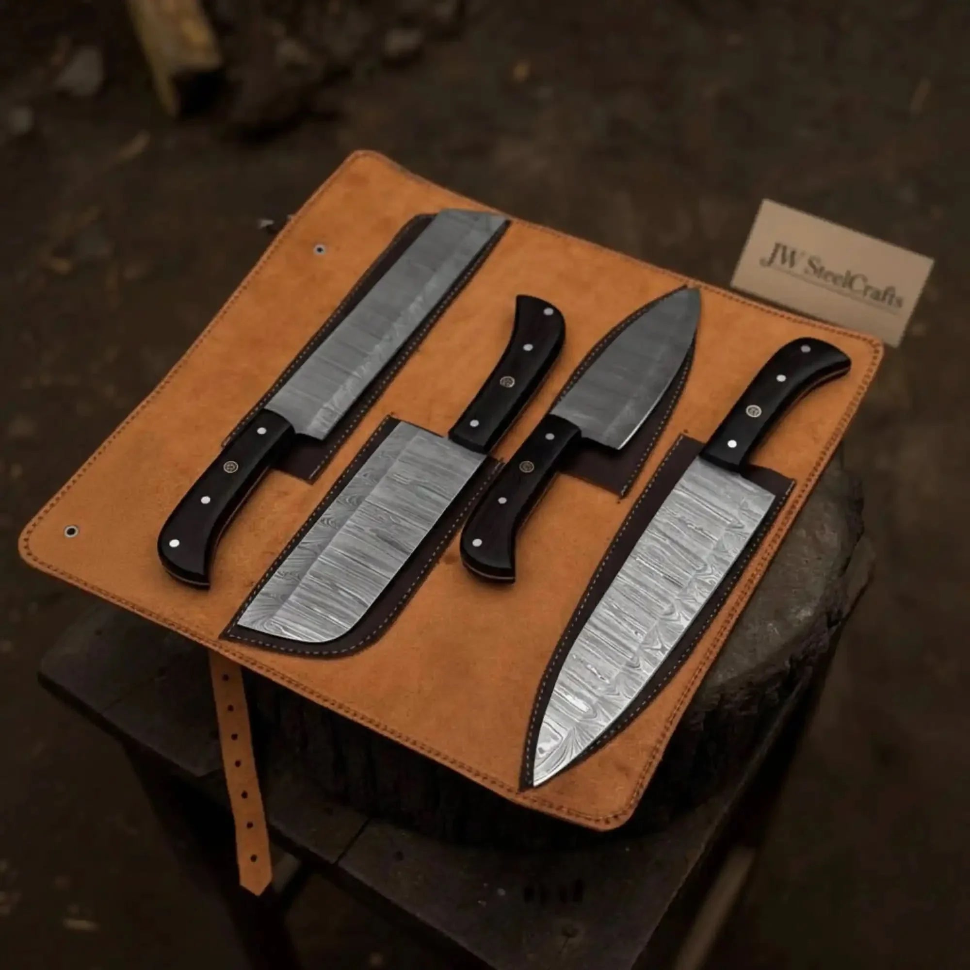 4-Piece Damascus Steel Kitchen Knife Set — Chef, Santoku, Cleaver & Utility by JW SteelCrafts, Damascus knife detail photo 2