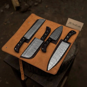 4-Piece Damascus Steel Kitchen Knife Set — Chef, Santoku, Cleaver & Utility by JW SteelCrafts, Damascus knife detail photo 2