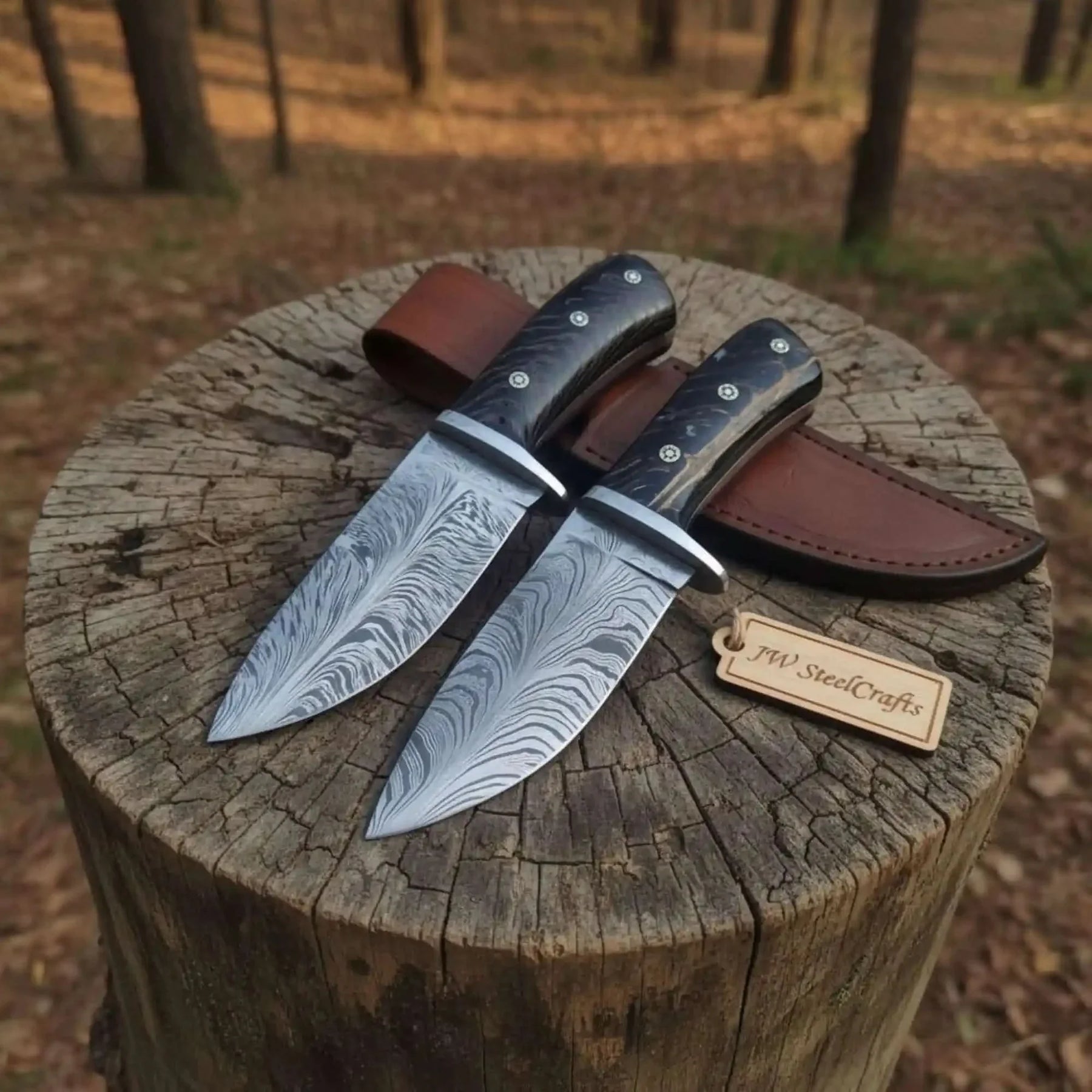 Bowie Knife Feather Damascus Blade Pinecone Handle Fixed Blade Hunting Knife detail view by JW SteelCrafts