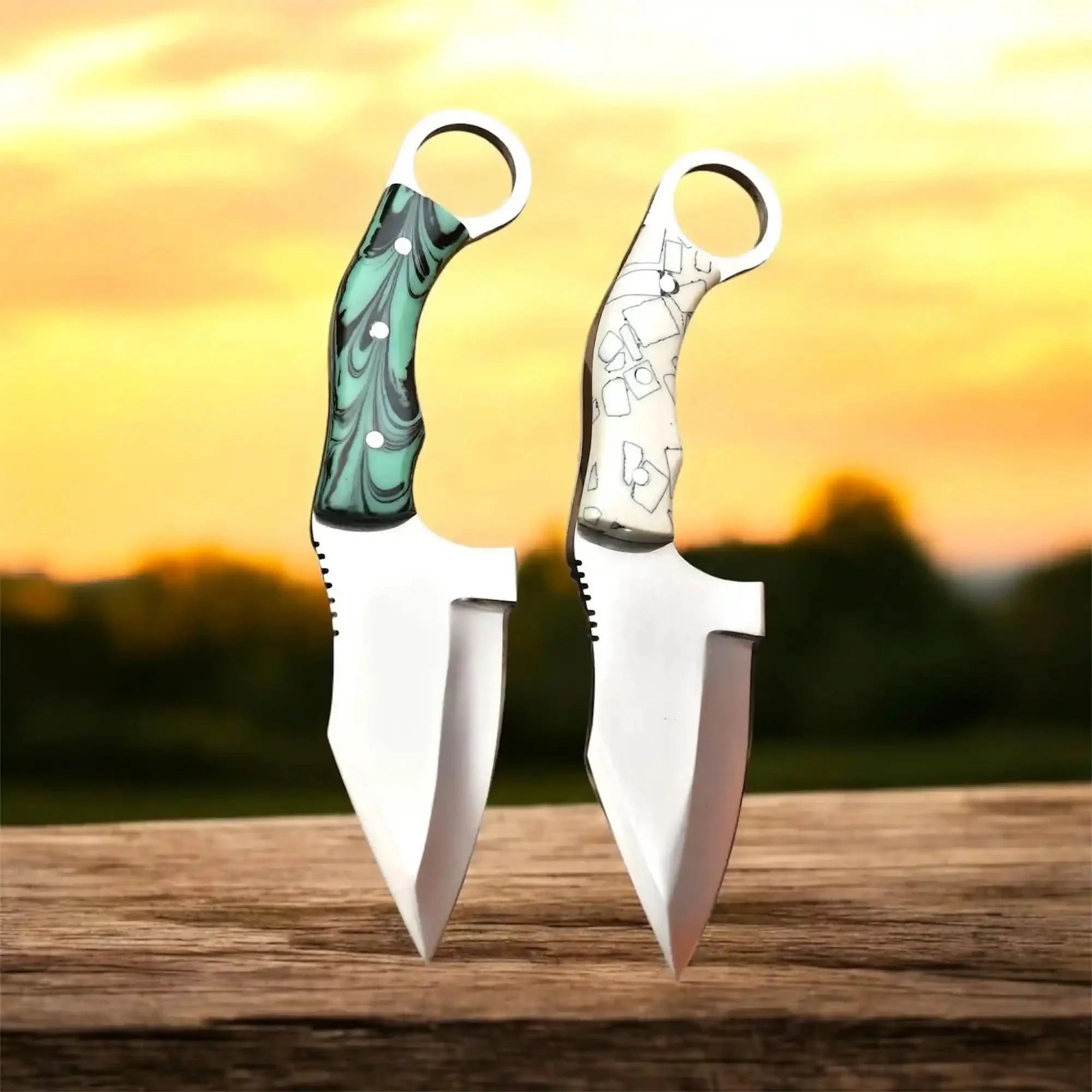 Handcrafted Stainless Steel Outdoor Utility Knife – Ring Handle – Resin Grip – JW SteelCrafts by JW SteelCrafts, Damascus knife main product photo