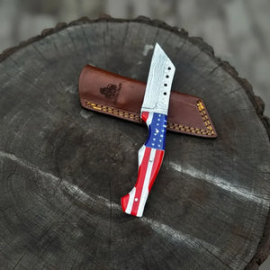 Damascus Tanto Fixed Blade Knife with American Flag Resin Handle, and Leather Sheath by JW SteelCrafts, leather knife sheath detail photo 3
