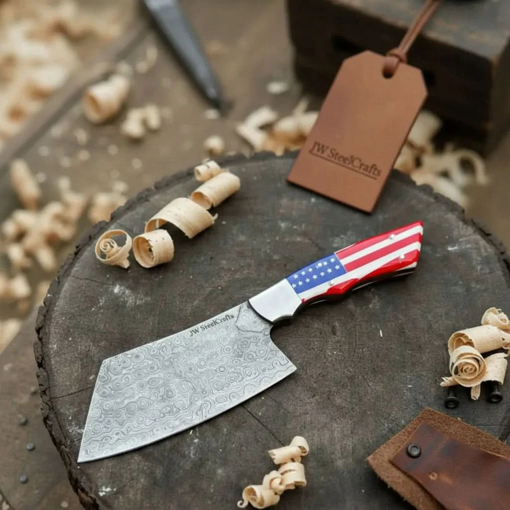 Ko Bunka Damascus Knife Reverse Tanto USA Flag Handle by JW SteelCrafts, Damascus knife main product photo