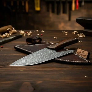 French-Style Damascus Chef Carving Knife – Fire Pattern Blade, 10" Overall, Rosewood Handle with Mosaic & Brass Pins by JW SteelCrafts, Damascus knife main product photo