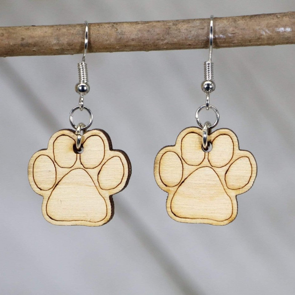 Paw Print Wooden Dangle Earrings | Pet Lover Jewelry detail view by Cate's Concepts, LLC