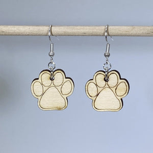 Paw Print Wooden Dangle Earrings | Pet Lover Jewelry detail view by Cate's Concepts, LLC