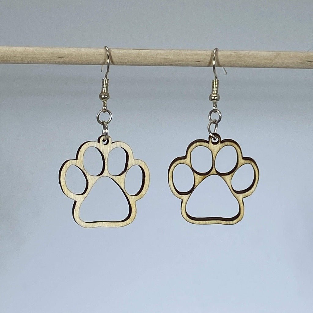 Paw Print Cutout Wooden Earrings | Dog Lover Pet Jewelry detail view by Cate's Concepts, LLC