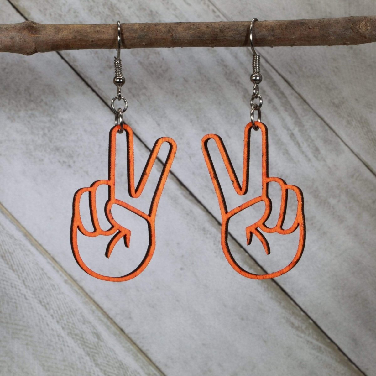 Peace Sign Hand Wooden Earrings | Hippie Boho Jewelry detail view by Cate's Concepts, LLC