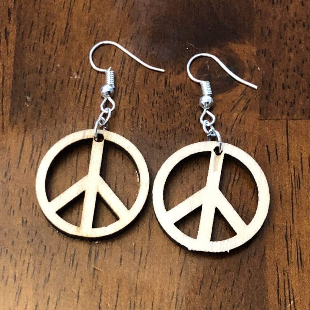 Peace Symbol Wooden Dangle Earrings | Boho Hippie Jewelry detail view by Cate's Concepts, LLC