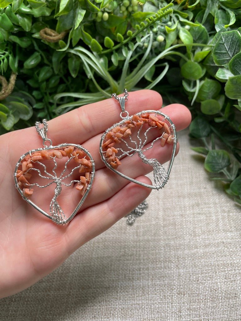 Peach Moonstone Heart Tree of Life Necklace detail view by Copper Ashes