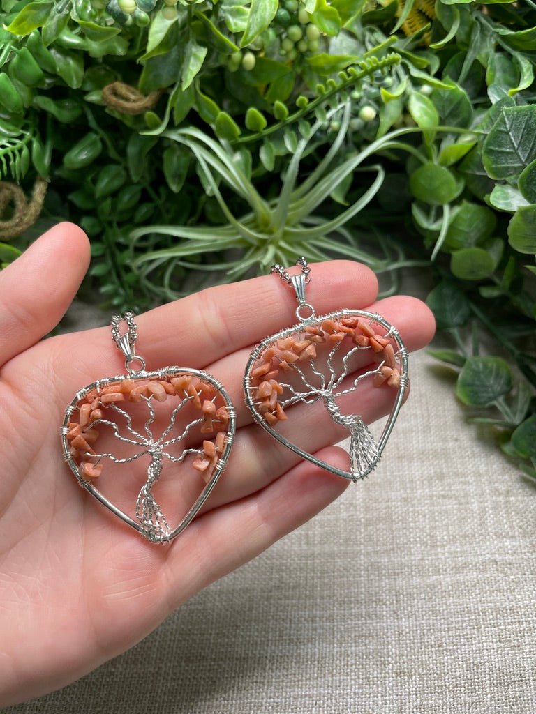 Peach Moonstone Heart Tree of Life Necklace by Copper Ashes