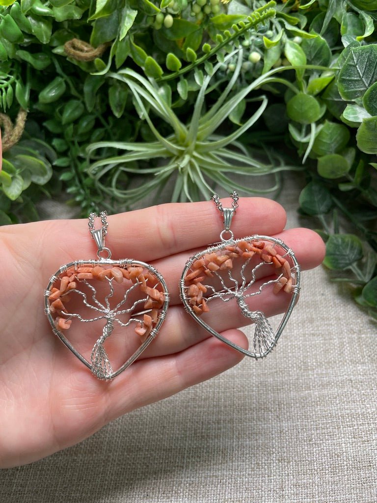 Peach Moonstone Heart Tree of Life Necklace detail view by Copper Ashes