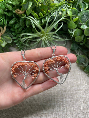 Peach Moonstone Heart Tree of Life Necklace detail view by Copper Ashes