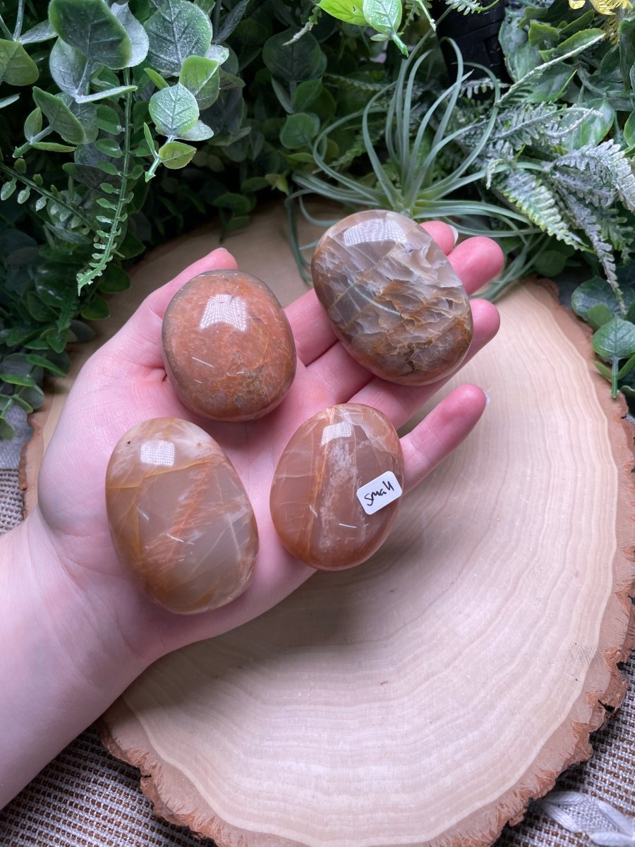Peach Moonstone Palm stone detail view by Copper Ashes