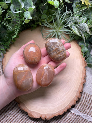 Peach Moonstone Palm stone detail view by Copper Ashes
