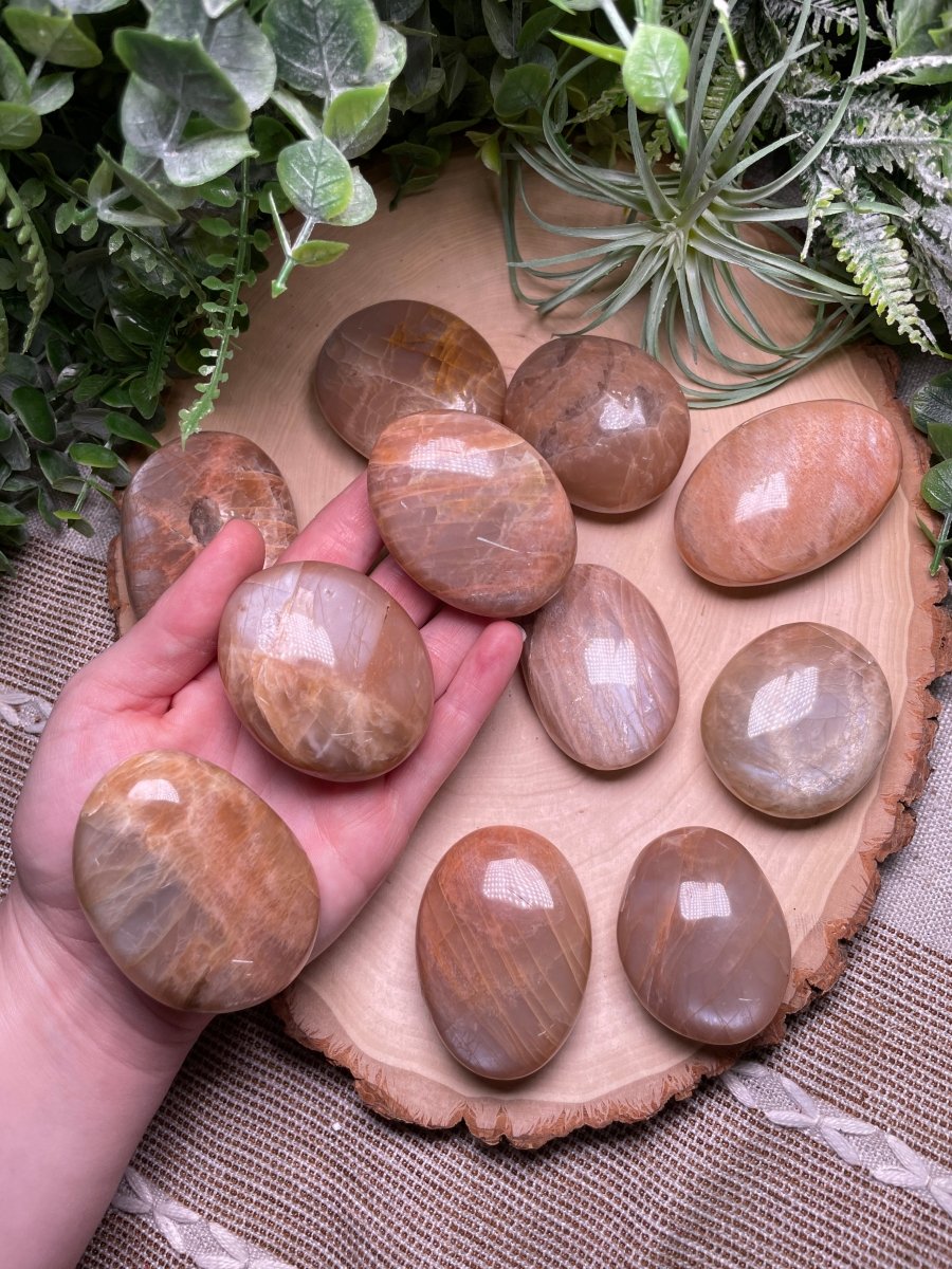 Peach Moonstone Palm stone detail view by Copper Ashes
