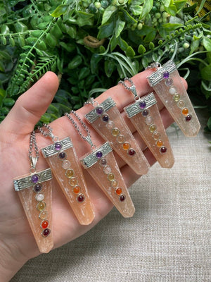 Peach Selenite and Chakra Crystal Necklace detail view by Copper Ashes