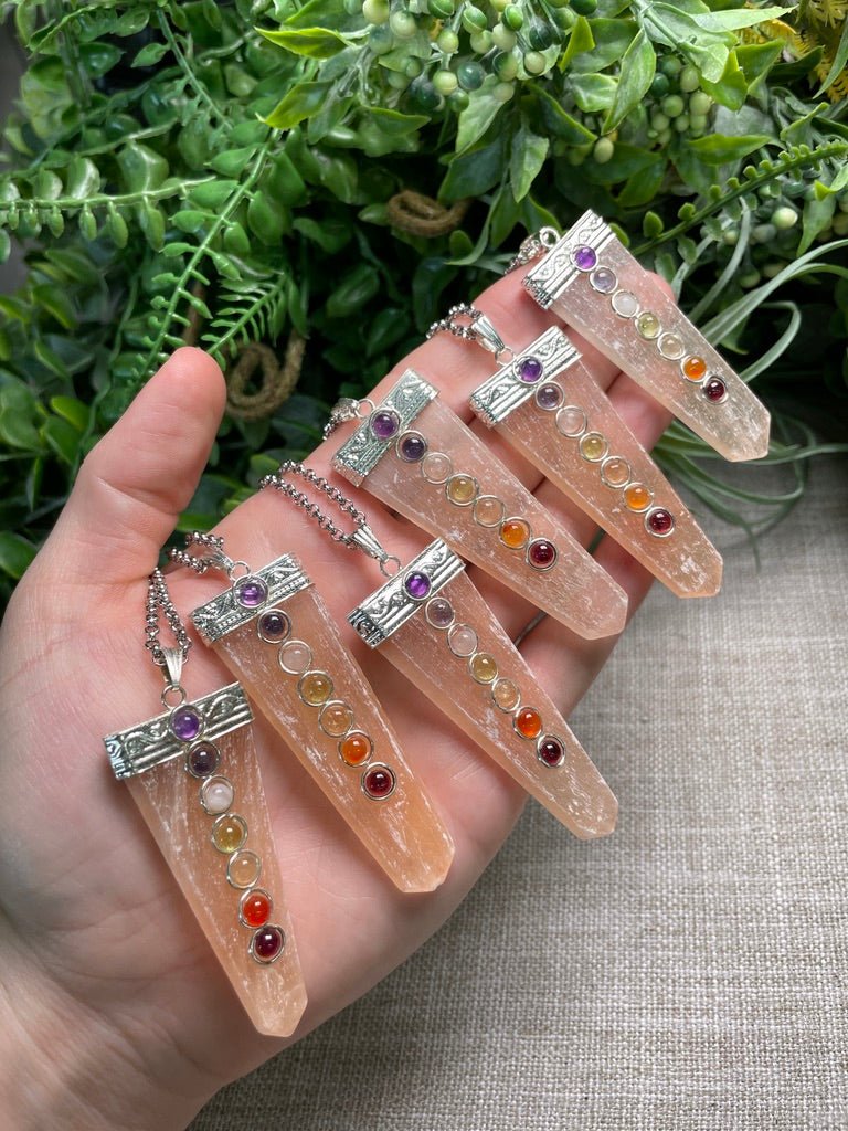 Peach Selenite and Chakra Crystal Necklace detail view by Copper Ashes