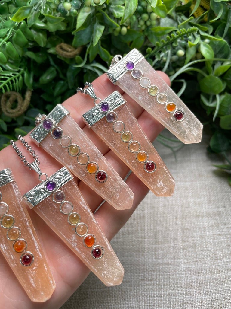 Peach Selenite and Chakra Crystal Necklace detail view by Copper Ashes