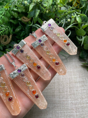Peach Selenite and Chakra Crystal Necklace detail view by Copper Ashes