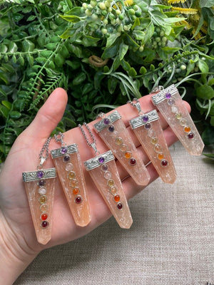 Peach Selenite and Chakra Crystal Necklace by Copper Ashes