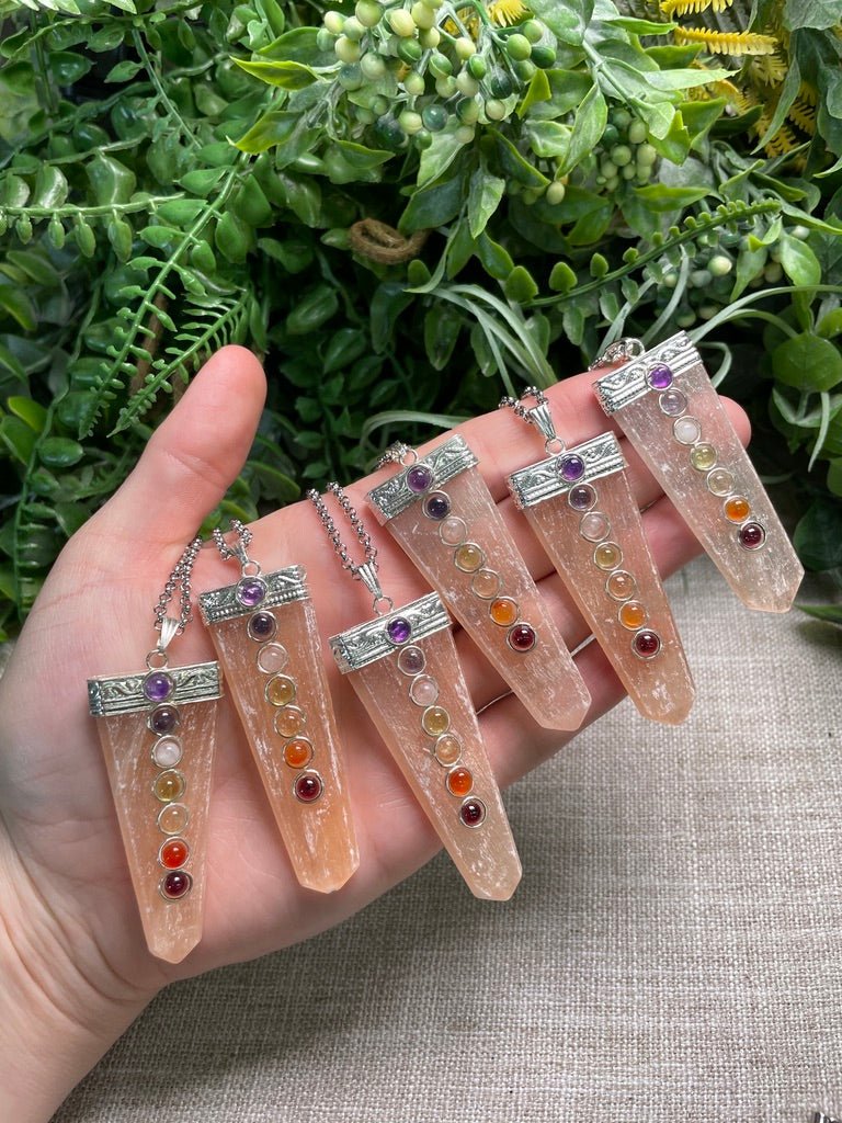 Peach Selenite and Chakra Crystal Necklace by Copper Ashes