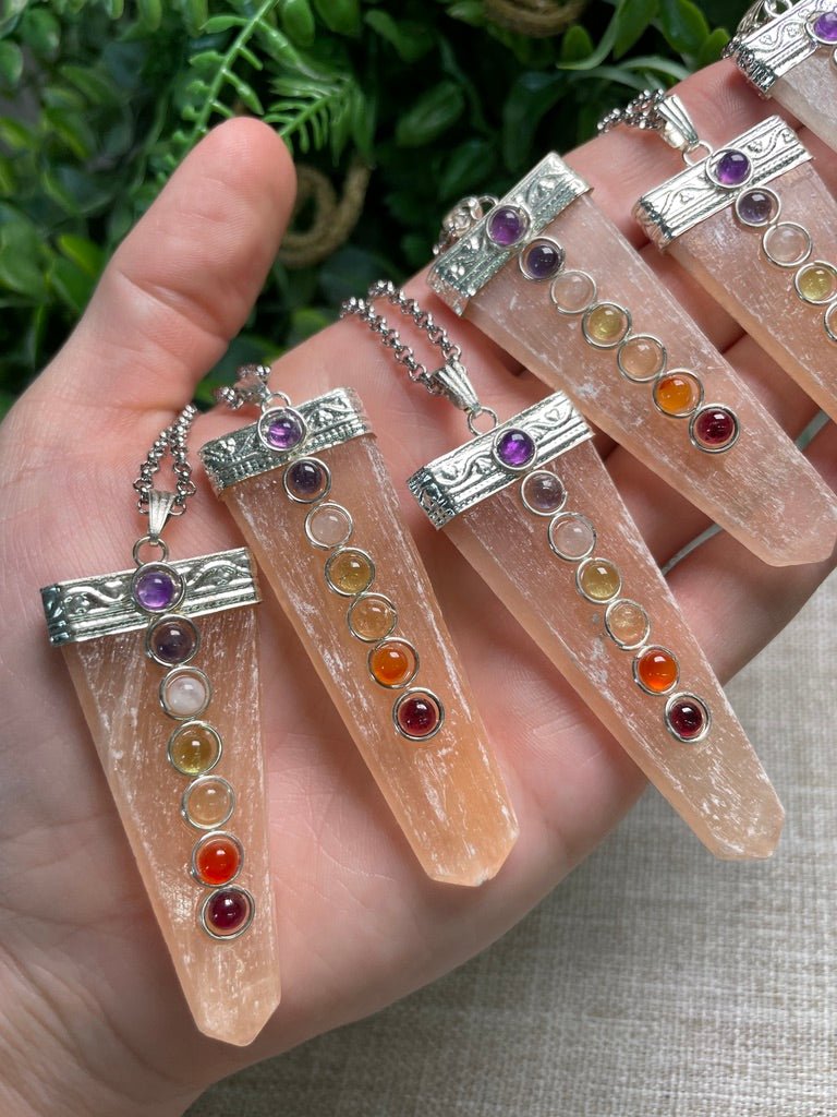 Peach Selenite and Chakra Crystal Necklace detail view by Copper Ashes