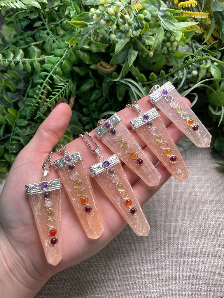 Peach Selenite and Chakra Crystal Necklace detail view by Copper Ashes