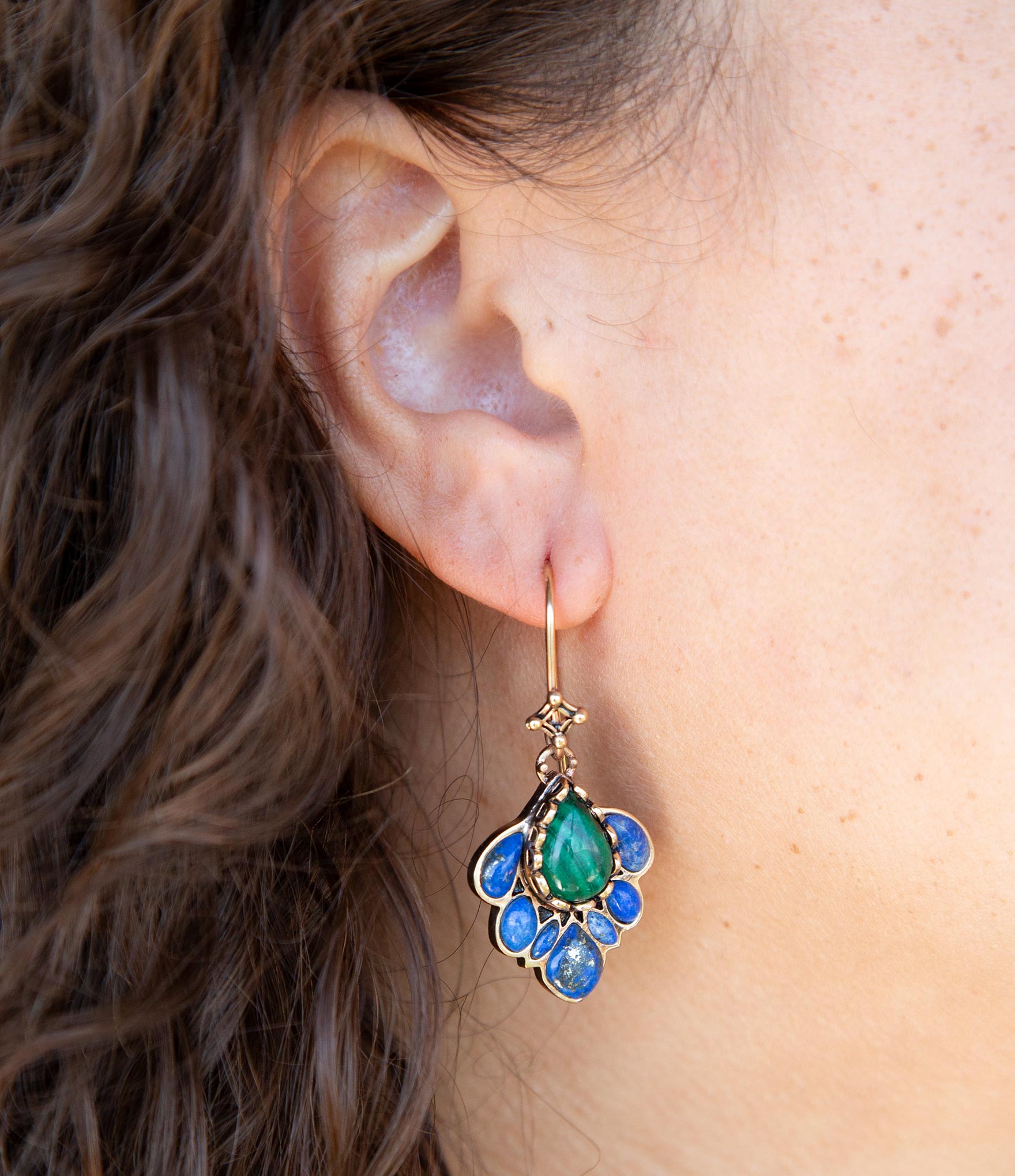 Peacock Blue Lapis Golden Drop Earrings detail view by Barse Jewelry