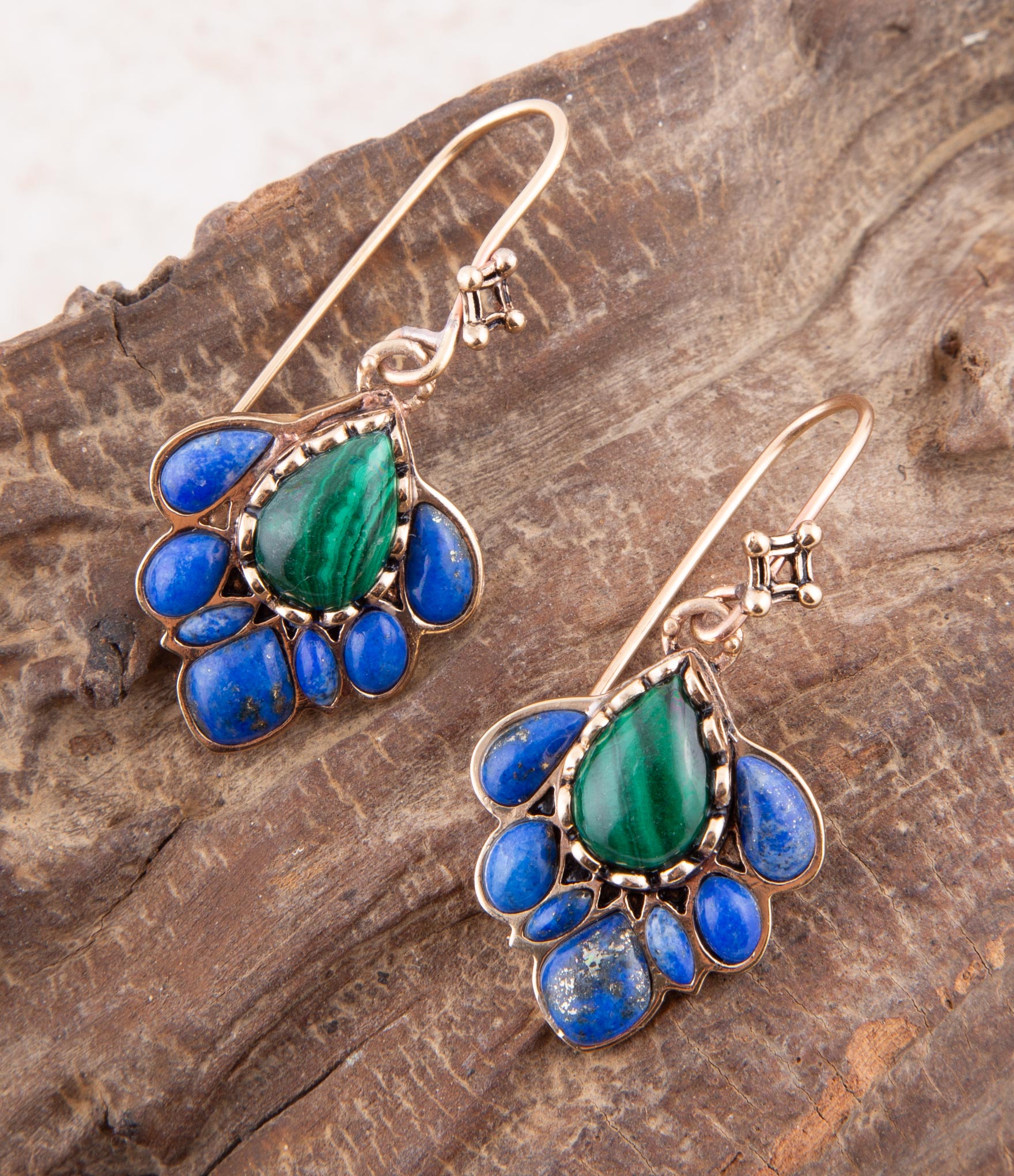 Peacock Blue Lapis Golden Drop Earrings detail view by Barse Jewelry