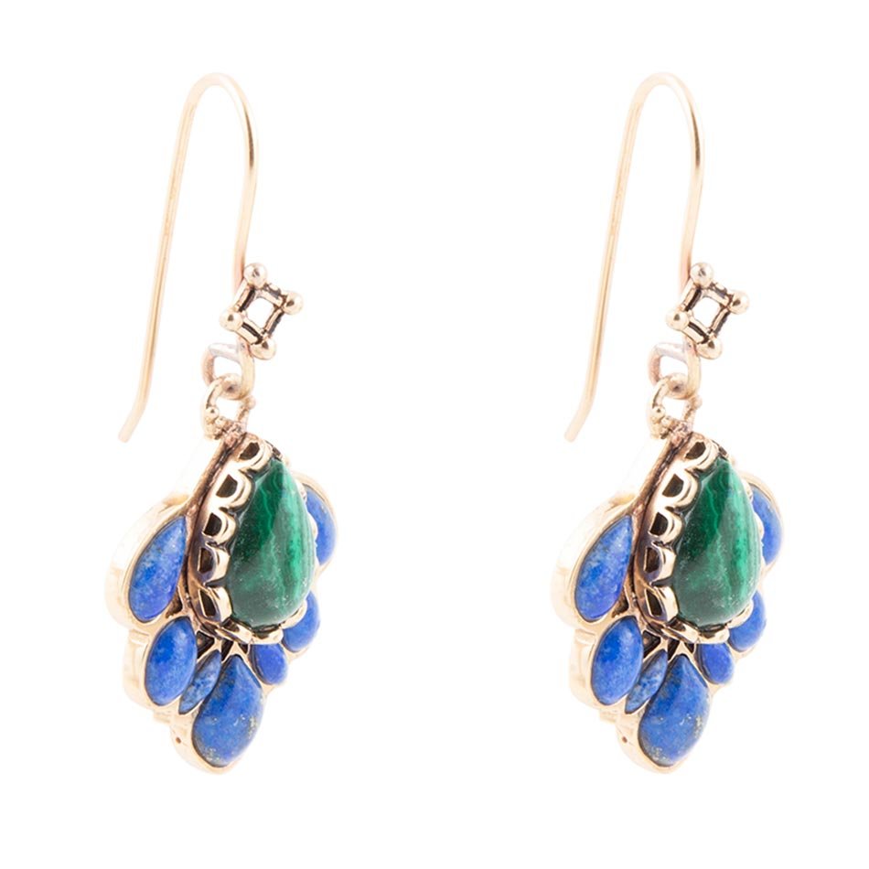 Peacock Blue Lapis Golden Drop Earrings detail view by Barse Jewelry