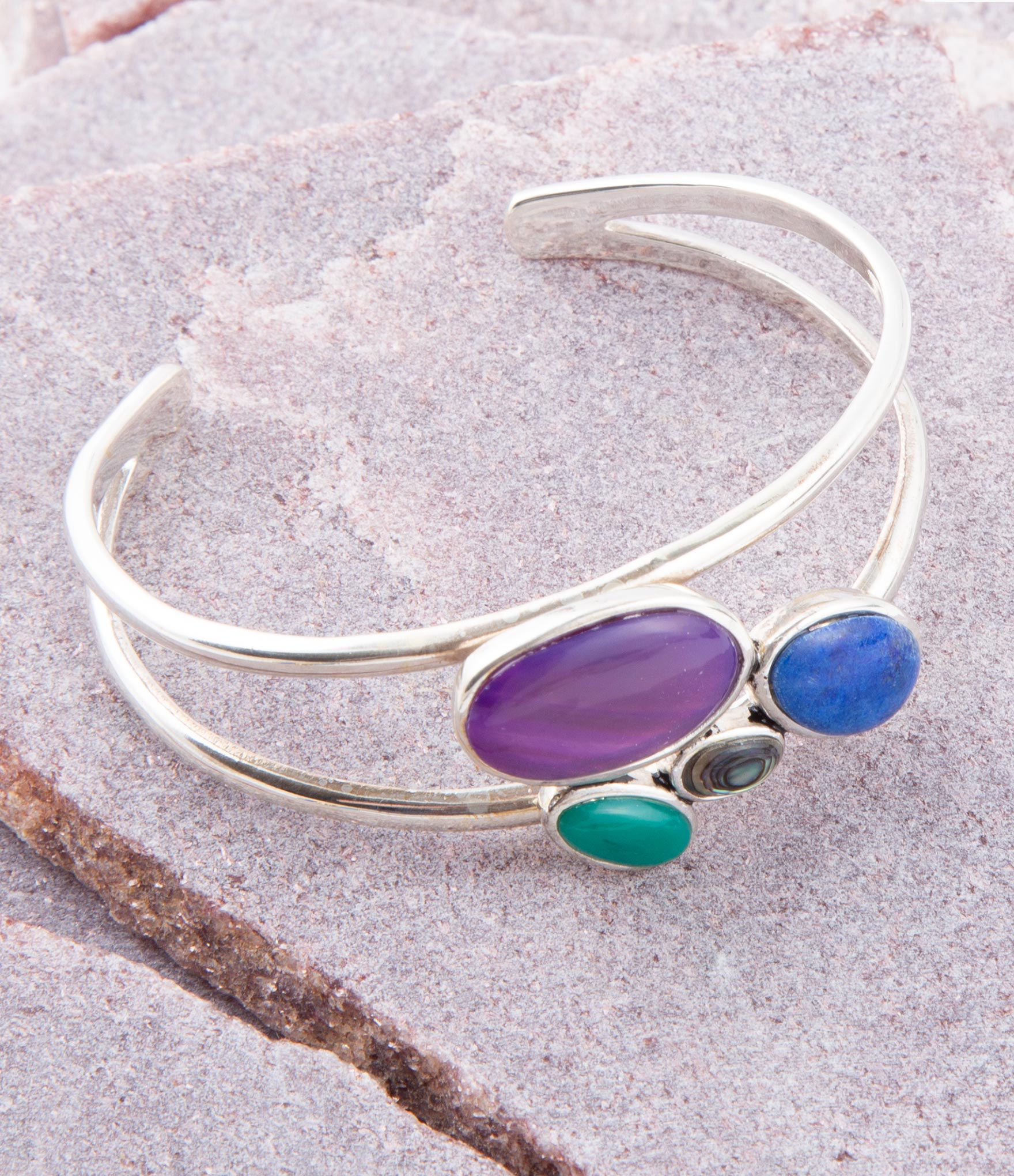 Peacock Multi-Stone and Sterling Silver Cuff Bracelet detail view by Barse Jewelry