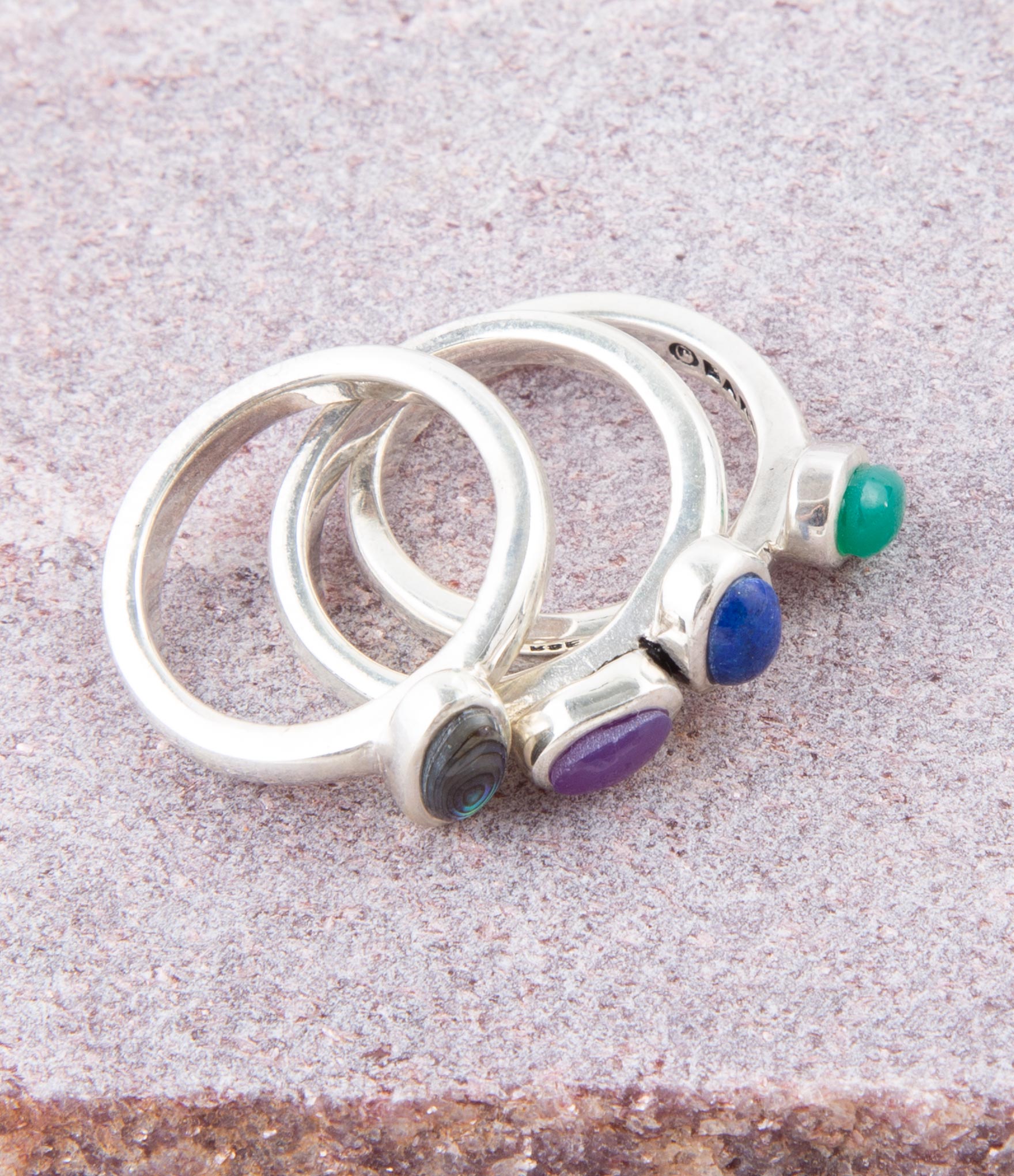 Peacock Colorful Multi-Stone and Sterling Silver Ring Set detail view by Barse Jewelry