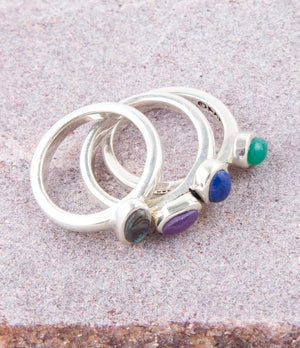 Peacock Colorful Multi-Stone and Sterling Silver Ring Set detail view by Barse Jewelry