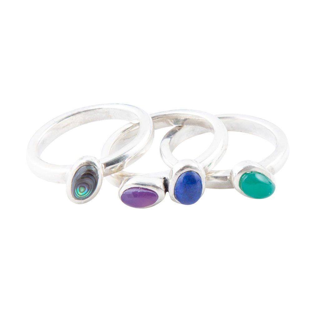 Peacock Colorful Multi-Stone and Sterling Silver Ring Set detail view by Barse Jewelry