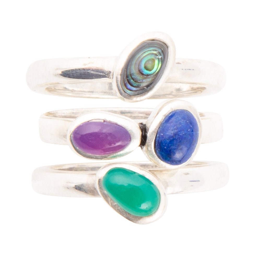 Peacock Colorful Multi-Stone and Sterling Silver Ring Set detail view by Barse Jewelry