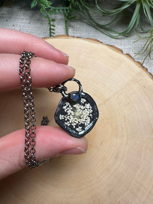 Pearlwyn- Moonstone and Flower Necklace detail view by Copper Ashes