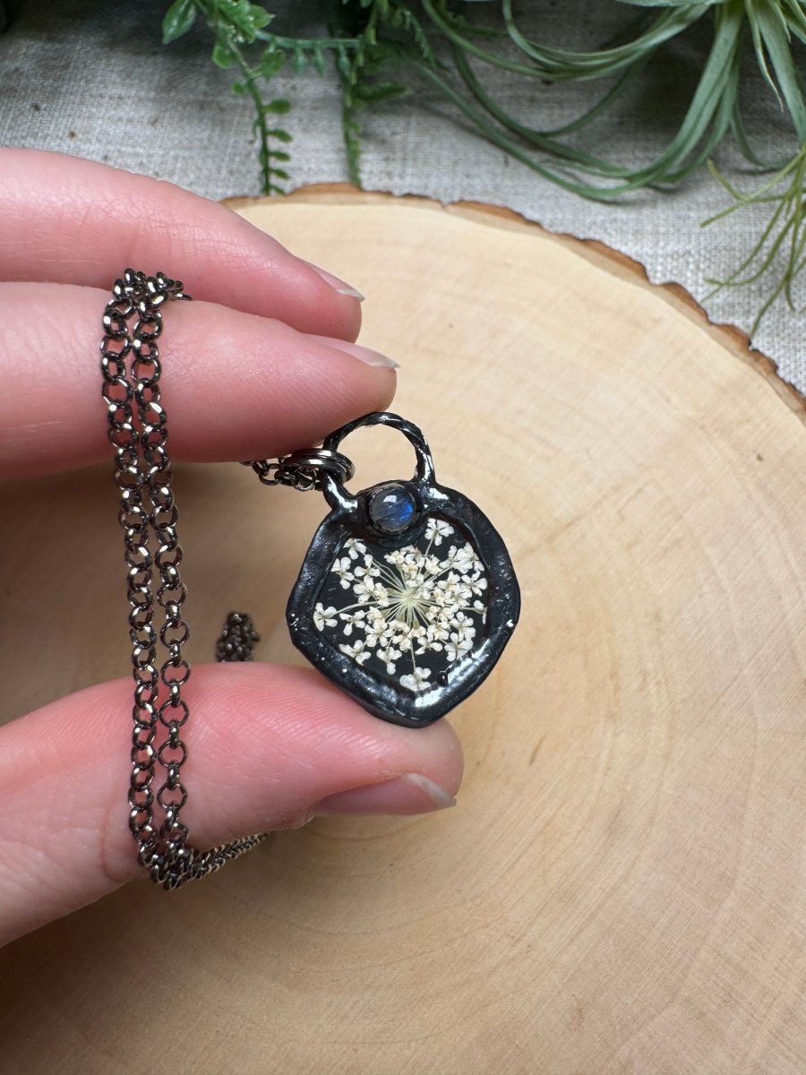Pearlwyn- Moonstone and Flower Necklace detail view by Copper Ashes
